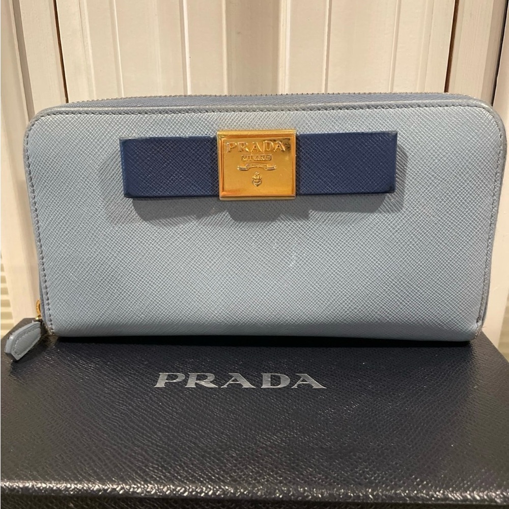 Prada bow Leather blue long wallet full zippy